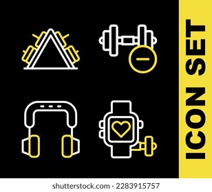 Ajuste la línea Dumbbell, reloj inteligente con corazón, auriculares y el icono de peso en rack metálico. Vector