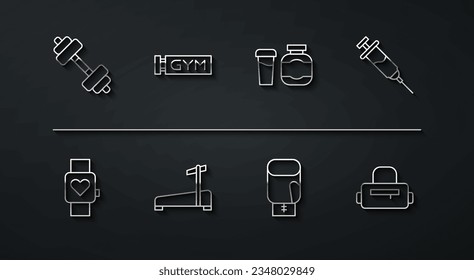 Línea Dumbbell, reloj inteligente, jeringa de dopaje, guante de boxeo, máquina de treadmill, gimnasio de localización, bolsa deportiva e icono de nutrición deportiva. Vector