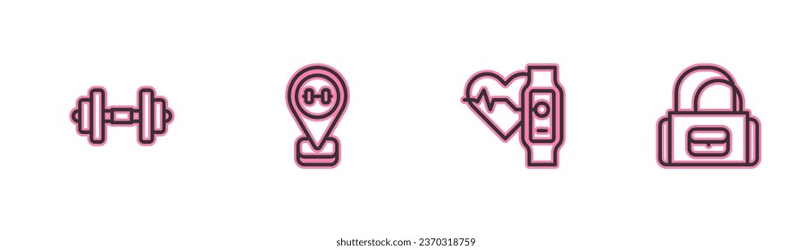 Fija la línea Dumbbell, reloj inteligente con corazón, Lugar gimnasio e icono de bolso deportivo. Vector