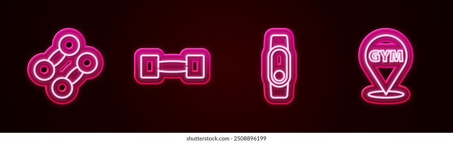 Set line Dumbbell, , Smartwatch and Location gym. Glowing neon icon. Vector