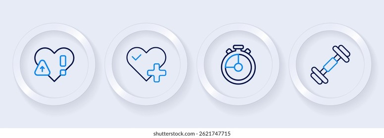 Set line Dumbbell, Stopwatch, Heart rate and  icon. Vector