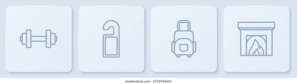 Definir linha Dumbbell, Mala, Por favor não perturbe e lareira interior. Botão quadrado branco. Vetor