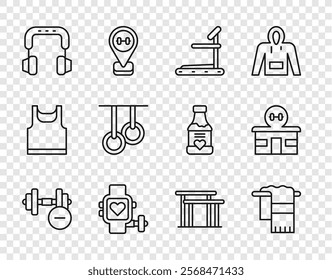 Set line Dumbbell, Towel on hanger, Treadmill machine, Smart watch with heart, Headphones, Gymnastic rings, Uneven bars and building icon. Vector