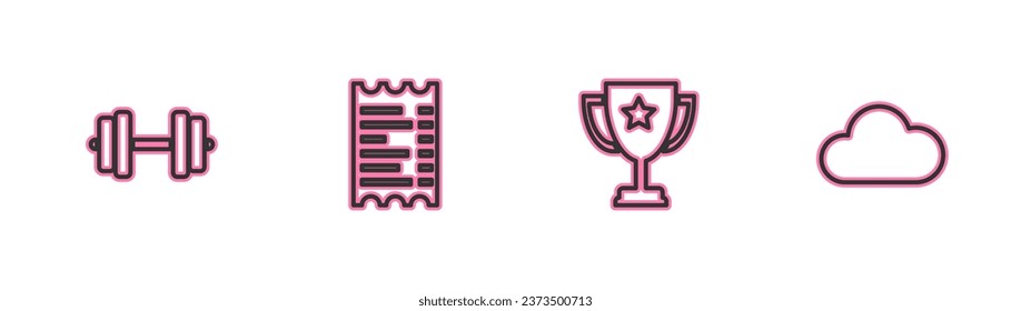 Set line Dumbbell, Trophy cup, Paper or financial check and Cloud icon. Vector