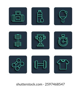 Set line Dumbbell, T-shirt, Racket and ball, Award cup, Sport bag and Stopwatch icon. Vector