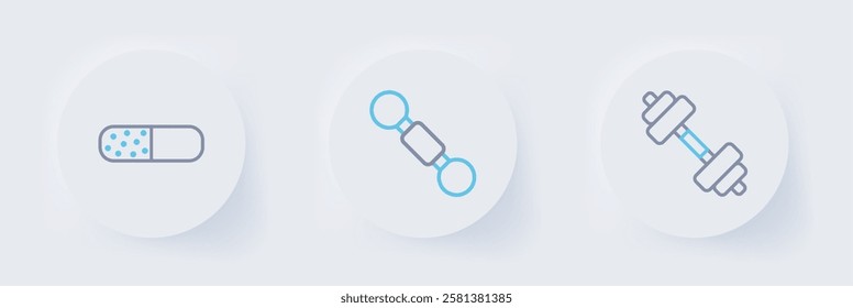 Set line Dumbbell,  and Vitamin pill icon. Vector