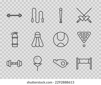 Set line Dumbbell, Volleyball net, Baseball bat, Golf on tee, Barbell, Badminton shuttlecock, Whistle and Billiard balls rack triangle icon. Vector