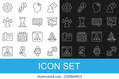 Set line Dumbbell, World expansion, Chalkboard with chart, Man third eye, Old hourglass sand, Front end development, Gear dollar and Reading book icon. Vector