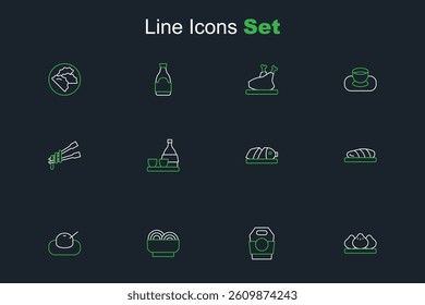 Set line Dumpling, Asian noodles paper box, bowl, Mochi, Fish steak, with sliced pieces, Bottle of sake and Food chopsticks icon. Vector