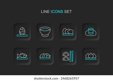 Set line Dumpling, with chopsticks, Fish sliced pieces, Served fish on a plate, Soy sauce bowl, Chicken egg,  and Chinese tea icon. Vector