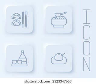 Set line Dumpling with chopsticks, Ramen soup bowl, Bottle of sake and Mochi. White square button. Vector