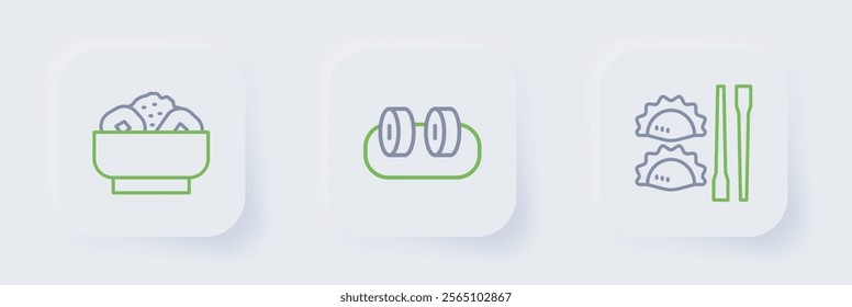 Set line Dumpling with chopsticks, Sushi and Chow mein on plate icon. Vector