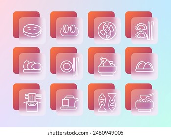 Set line Dumpling with chopsticks, Traditional tea ceremony, Rice fish bowl, Served plate, Food, cucumber, Homemade pie and Sushi icon. Vector