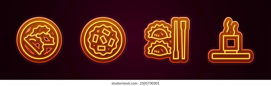 Set line Dumpling, pastel casero, con palillos y taza de té. Icono de neón brillante. Vector