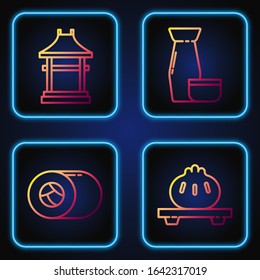 Set line Dumpling on cutting board, Sushi, Japan Gate and Traditional Japanese tea ceremony. Gradient color icons. Vector