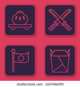 Set line Dumpling on cutting board, National flag of Japan on pole, Traditional Japanese katana and Rstaurant opened take out box filled. Blue square button. Vector