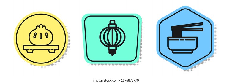 Set line Dumpling on cutting board, Japanese paper lantern and Asian noodles in bowl and chopsticks. Colored shapes. Vector