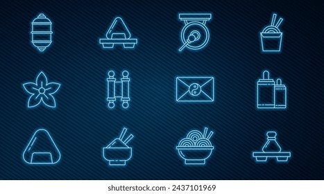 Set line Dumpling on cutting board, Firework, Gong, Decree, paper, parchment, scroll, Lotus flower, Chinese lantern, Yin Yang and envelope and Sushi icon. Vector