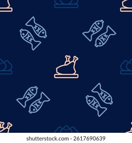 Set line Dumpling, Served fish on a plate and Roasted turkey or chicken on seamless pattern. Vector