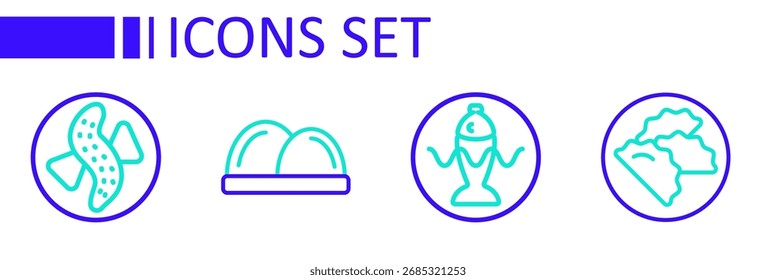 Definir linha Dumpling, peixe servido em uma placa, Sushi e ícone de pepino. Vetor