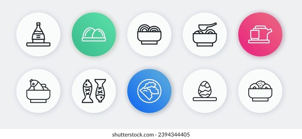 Set line Dumpling, Traditional tea ceremony, Rice with fish bowl, Chinese egg, Ramen soup, Asian noodles, Chow mein plate and Served icon. Vector