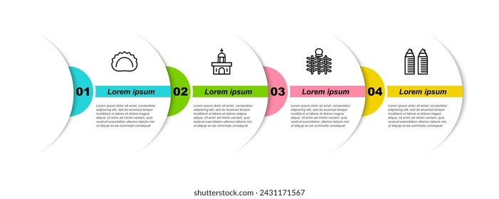 Set line Dumplings, Church building, Wicker fence and Two towers Dnipro. Business infographic template. Vector