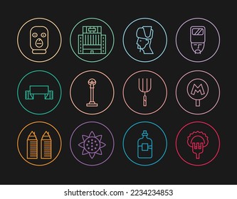 Set line Dumplings on fork, Metro Underground, Ukrainian cossack, Monument of Independence, Embroidered towel, Thief mask, Garden pitchfork and Hotel Ukraina building icon. Vector