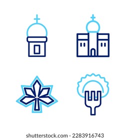 Set line Dumplings on fork, Chestnut leaf, Church building and tower icon. Vector