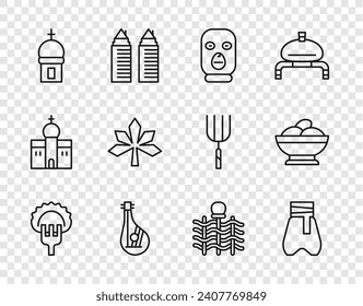 Set line Dumplings on fork, Cossack pants, Thief mask, Bandura, Church tower, Chestnut leaf, Wicker fence and Varenyky bowl icon. Vector