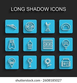 Set line Dumplings on fork, Mace, Vintage pistols, Sunflower, Ukrainian house, Church tower, Metro Underground and ethnic pattern icon. Vector