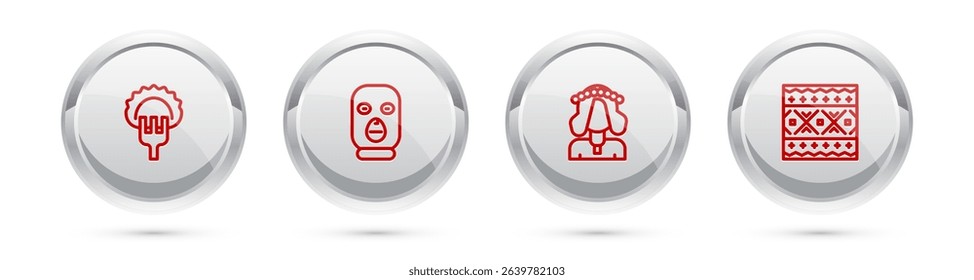 Set line Dumplings on fork, Thief mask, Ukrainian woman and ethnic pattern. Silver circle button. Vector