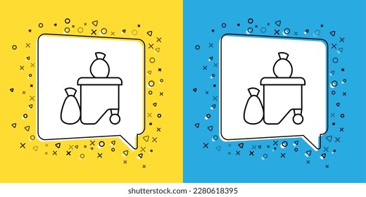 Establece la línea de los contenedores llenos con un icono de basura aislado en el fondo amarillo y azul. La basura es un montón de basura. Desperdicios de basura en vertederos.  Vector