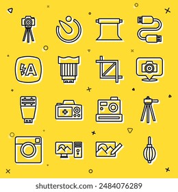Set line Dust blower, Tripod, Photo camera, Empty photo studio, Camera lens, Auto flash,  and Picture crop icon. Vector