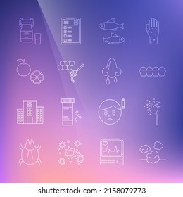 Set line Dust, Flower producing pollen, Chicken egg box, Fish, Honeycomb with honey dipper, Orange fruit, Can container for milk and Runny nose icon. Vector