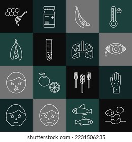 Set line Dust, Hand with psoriasis or eczema, Reddish eye allergic conjunctivitis, Kidney beans, Test tube flask, Honeycomb honey dipper and Lungs icon. Vector