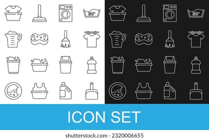 Fijar la línea Dustpan, Botella para el agente de limpieza, Ropa de secado, Lavadora, Esponja, Polvo de lavado, Cuenca con camisa y icono de escoba de pluma. Vector