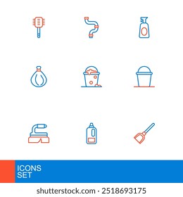 Set line Sartén para polvo, botella para detergente, limpieza de cepillos, cubo, bolsa de basura, con espuma y burbujas, spray de limpieza e icono de tubería metálica de la industria. Vector
