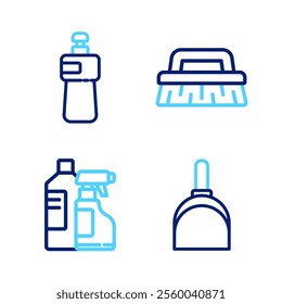 Set line Dustpan, Bottles for cleaning agent, Brush and Dishwashing liquid bottle icon. Vector