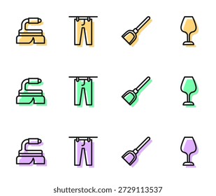 Set Linie Dustpan, Pinsel für die Reinigung, Trocknen Kleidung und Wein Glas Symbol. Vektorgrafik