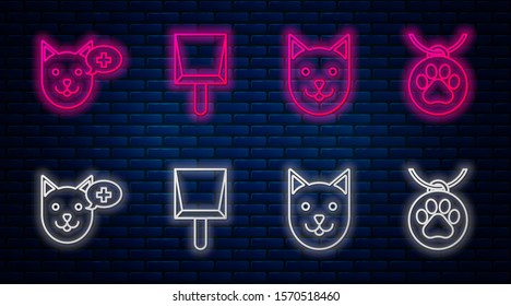 Set line Dustpan, Cat, Veterinary clinic symbol and Collar with name tag. Glowing neon icon on brick wall. Vector
