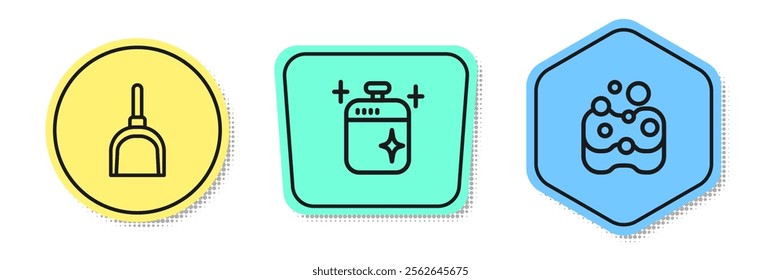 Set line Dustpan, Clean cooking pot and Sponge. Colored shapes. Vector