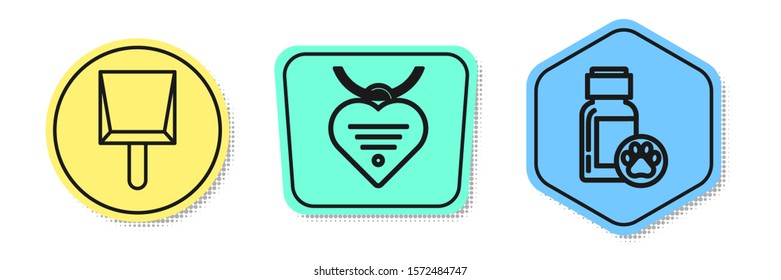 Set line Dustpan, Collar with name tag and heart and Dog medicine bottle. Colored shapes. Vector