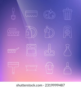 Set line Dustpan, Garbage bag, Wet floor and cleaning in progress, Washing dishes, Dishwashing liquid bottle plate, Brush for, Toilet brush and  icon. Vector