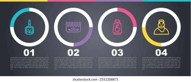 Set línea Dustpan, Cepillo de Pelo, Botella de champú y Cliente en barbería. Plantilla de infografía de negocios. Vector