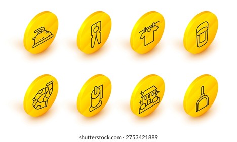 Set line Dustpan, Home cleaning service, Toilet paper roll, Socks, Bucket with rag, Drying clothes, Clothes pin and Electric iron icon. Vector