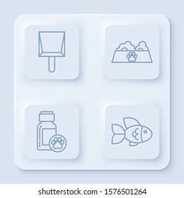Set line Dustpan, Pet food bowl for cat or dog, Dog medicine bottle and Fish. White square button. Vector