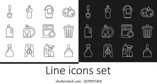 Set line Dustpan, Trash can, Bucket with rag, Dishwashing liquid bottle and plate, Fabric softener, Toilet brush, Kitchen dishwasher machine and  icon. Vector