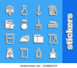 Set line Dustpan, Trash can, Brush for cleaning, Toilet brush, Washer and t-shirt, Vacuum cleaner and Handle broom icon. Vector