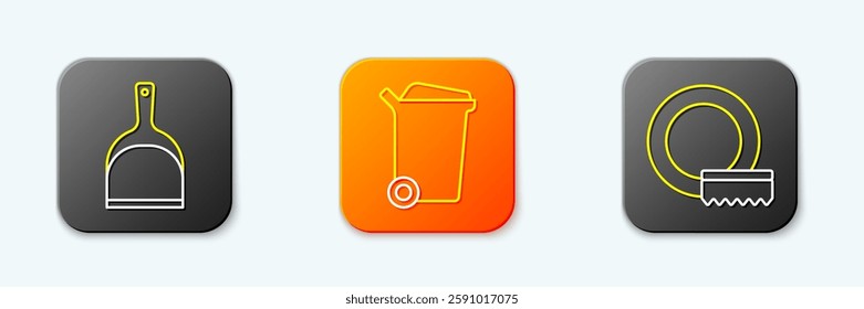 Set line Dustpan, Trash can and Washing dishes icon. Vector