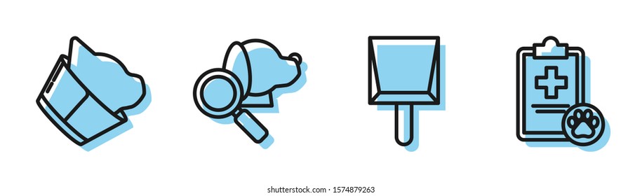 Set line Dustpan, Veterinary clinic symbol, Veterinary clinic symbol and Clipboard with medical clinical record pet icon. Vector